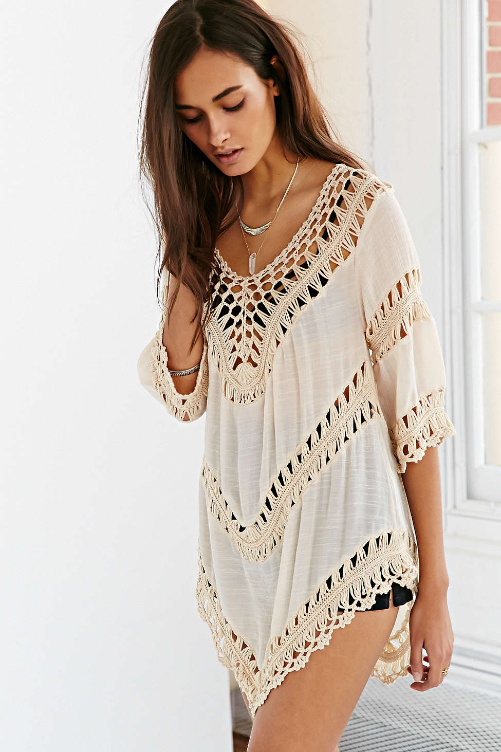 F4458 Crochet Inset Tunic Top